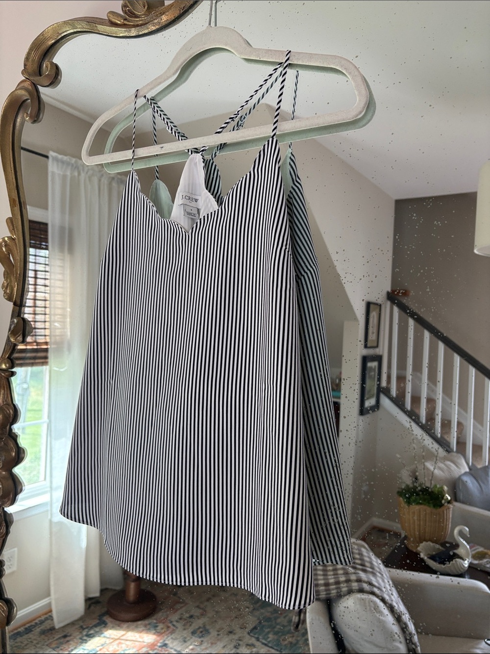 J. Crew Navy and White Striped Silk Camisole with Scalloped neckline